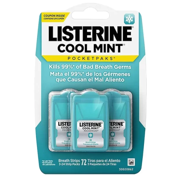 Listerine, PocketPaks Cool Mint Breath Strips, Benzi de prospețime instantă, 3 x 24 plasturi