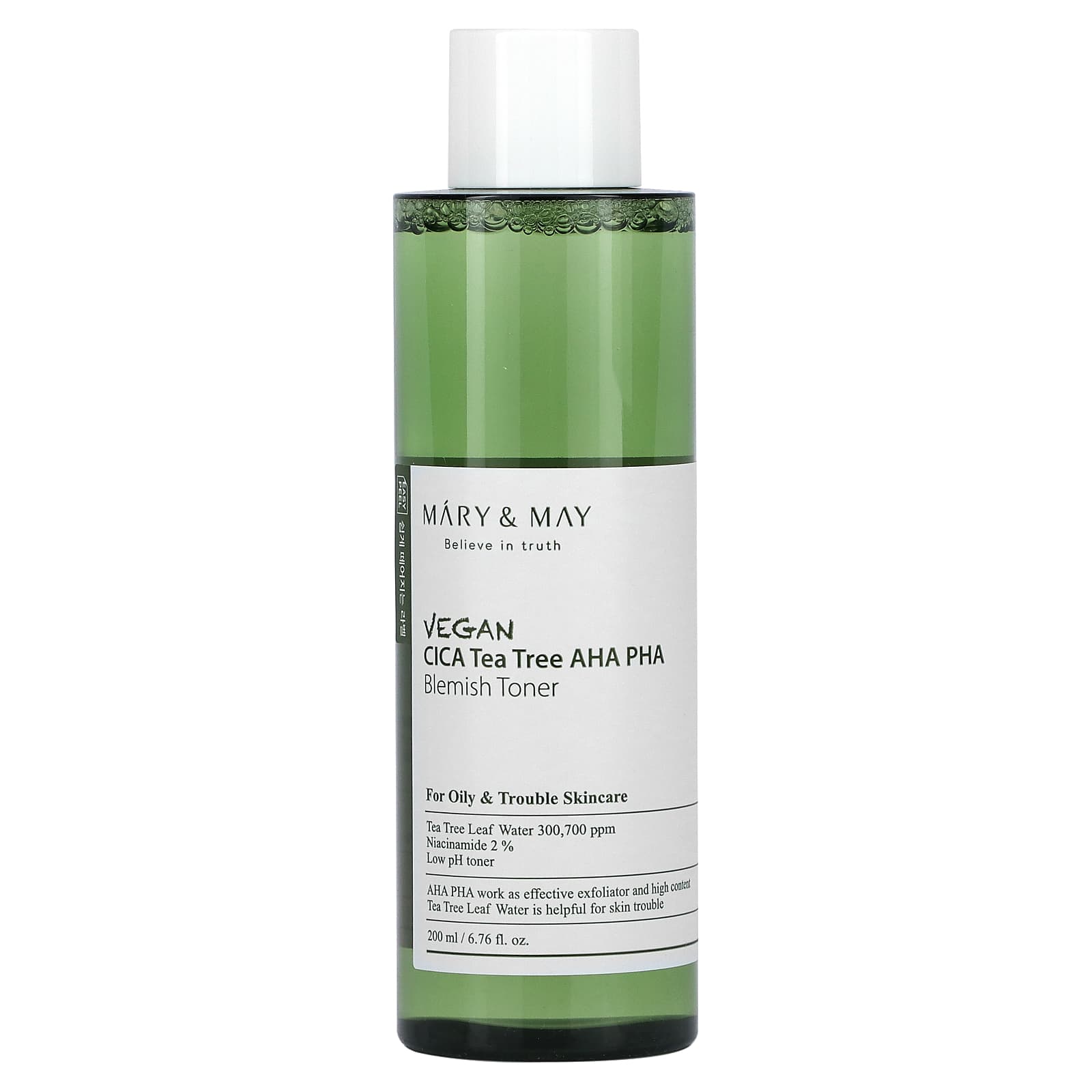 Mary&May, Vegan CICA Tea Tree AHA PHA Blemish Toner, Toner exfoliant pentru ten acneic, 200 ml