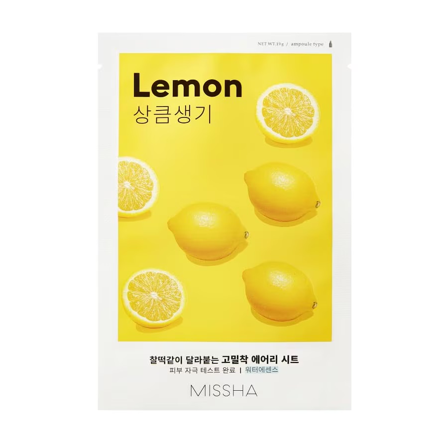 Missha, Airy Fit Sheet Mask Lemon, Mască iluminatoare cu extract de lămâie, 19 g