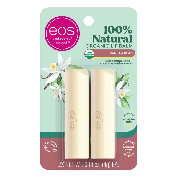 Eos, 100% Natural & Organic Lip Balm Stick – Vanilla Bean, Balsam de buze organic, 2 x 4g