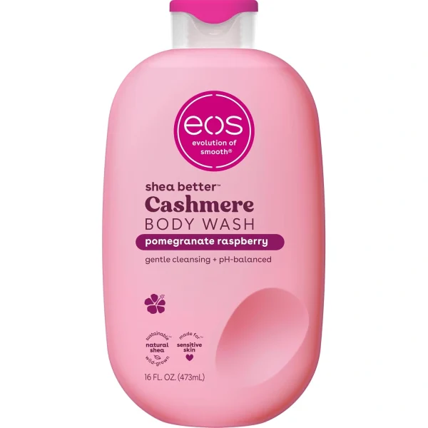 Eos, Cashmere Body Wash Pomegranate Raspberry, gel de duș hidratant cu unt de shea, glicerină și vitamina E, vegan, 473 ml