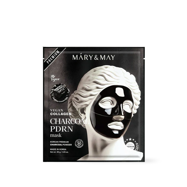 Mary& May Vegan Collagen Charcoal PDRN Mask, Mască hidrogel purificatoare și fermitate, 30g x 4